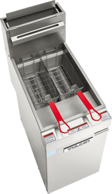 A Vulcan fryer floor model, this commercial stainless steel natural gas fryer features two baskets with red heat-resistant handles, warning labels, a control panel, and the iconic brand logo, with both baskets positioned inside the oil well.