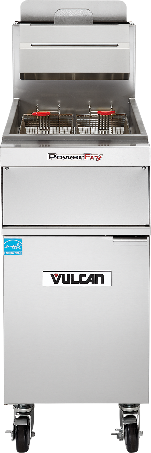 A high efficiency stainless steel fryer, this Vulcan commercial gas fryer features two baskets in the oil basin, a closed lower compartment, control panel on top, and four caster wheels; brand logos and labels are visible on the front.