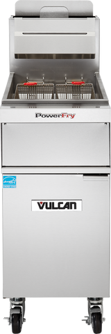 A commercial stainless steel PowerFry5 Fryer on wheels with two fryer baskets, a front-facing control panel labeled “Vulcan,” safety and PowerFry labels, raised splash guard, and a sleek design. This 45-50 lbs. capacity fryer ensures high efficiency in any kitchen.