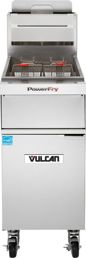 A commercial stainless steel PowerFry5 Fryer on wheels with two fryer baskets, a front-facing control panel labeled “Vulcan,” safety and PowerFry labels, raised splash guard, and a sleek design. This 45-50 lbs. capacity fryer ensures high efficiency in any kitchen.