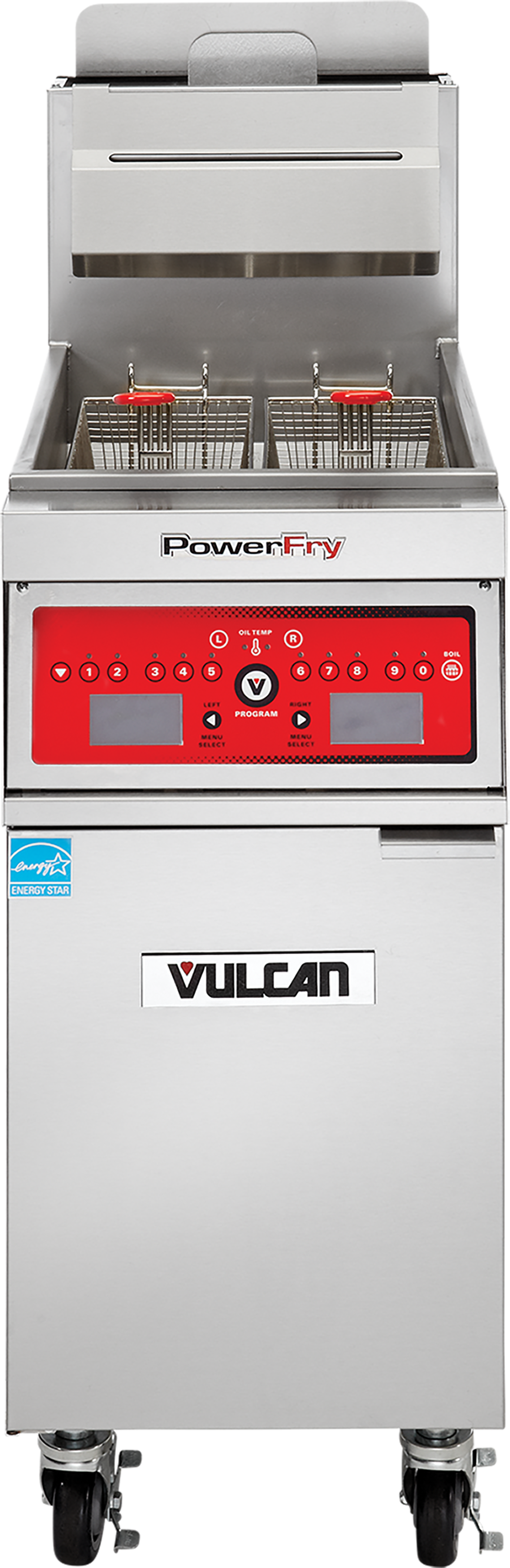 A commercial stainless steel PowerFry5 fryer with two metal baskets and a red digital control panel. The high efficiency gas fryer features a Vulcan-labeled cabinet, wheels for mobility, and an angled splash guard at the back.