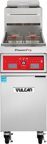 A commercial stainless steel PowerFry5 fryer with two metal baskets and a red digital control panel. The high efficiency gas fryer features a Vulcan-labeled cabinet, wheels for mobility, and an angled splash guard at the back.