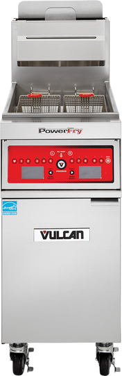 A commercial stainless steel PowerFry5 fryer with two metal baskets and a red digital control panel. The high efficiency gas fryer features a Vulcan-labeled cabinet, wheels for mobility, and an angled splash guard at the back.
