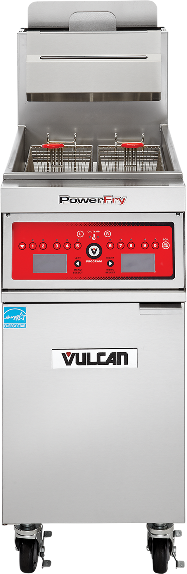 A commercial stainless steel PowerFry5 fryer with two metal baskets and a red digital control panel. The high efficiency gas fryer features a Vulcan-labeled cabinet, wheels for mobility, and an angled splash guard at the back.