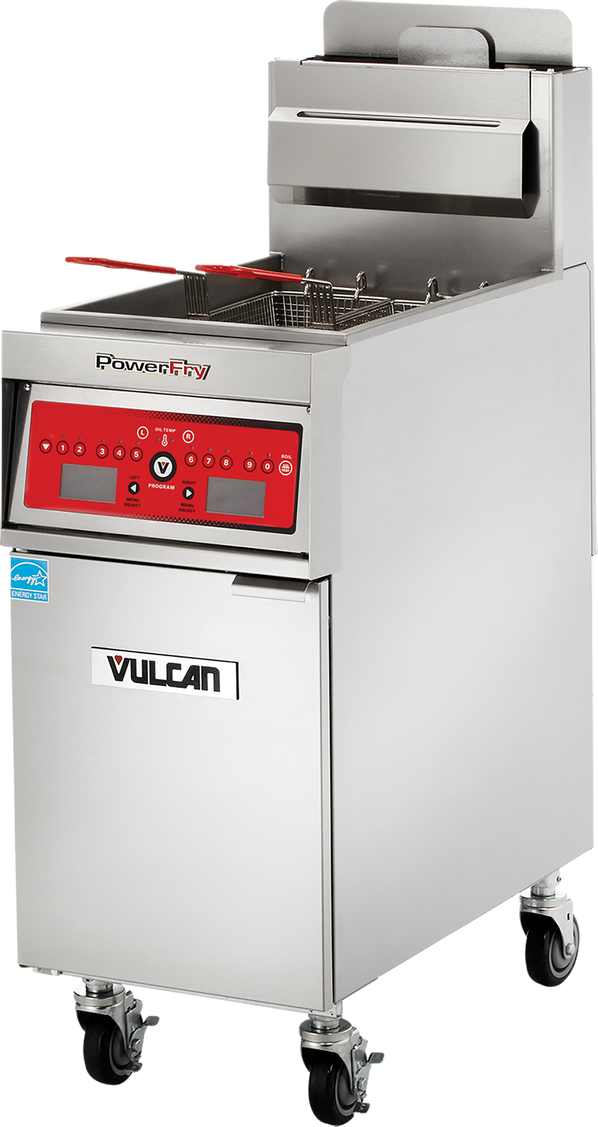 A commercial stainless steel PowerFry5 fryer with a digital control panel, red accents, and two baskets. This high efficiency gas fryer sits on four wheels, features a top shelf with handles, and displays a blue certification sticker on the front.