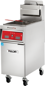 A commercial stainless steel PowerFry5 fryer with a digital control panel, red accents, and two baskets. This high efficiency gas fryer sits on four wheels, features a top shelf with handles, and displays a blue certification sticker on the front.