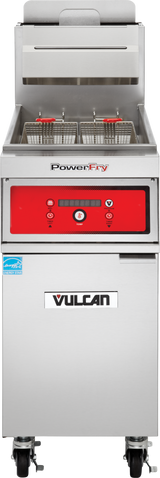 A stainless steel VULCAN PowerFry5 Fryer with a red control panel, digital display, and two metal frying baskets. This high efficiency fryer offers a 45-50 lbs. capacity and is mounted on four wheels for easy mobility.