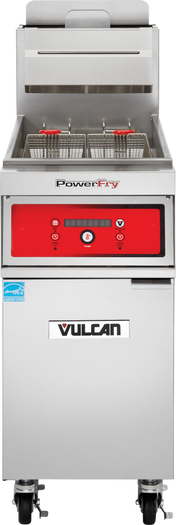 A stainless steel VULCAN PowerFry5 Fryer with a red control panel, digital display, and two metal frying baskets. This high efficiency fryer offers a 45-50 lbs. capacity and is mounted on four wheels for easy mobility.