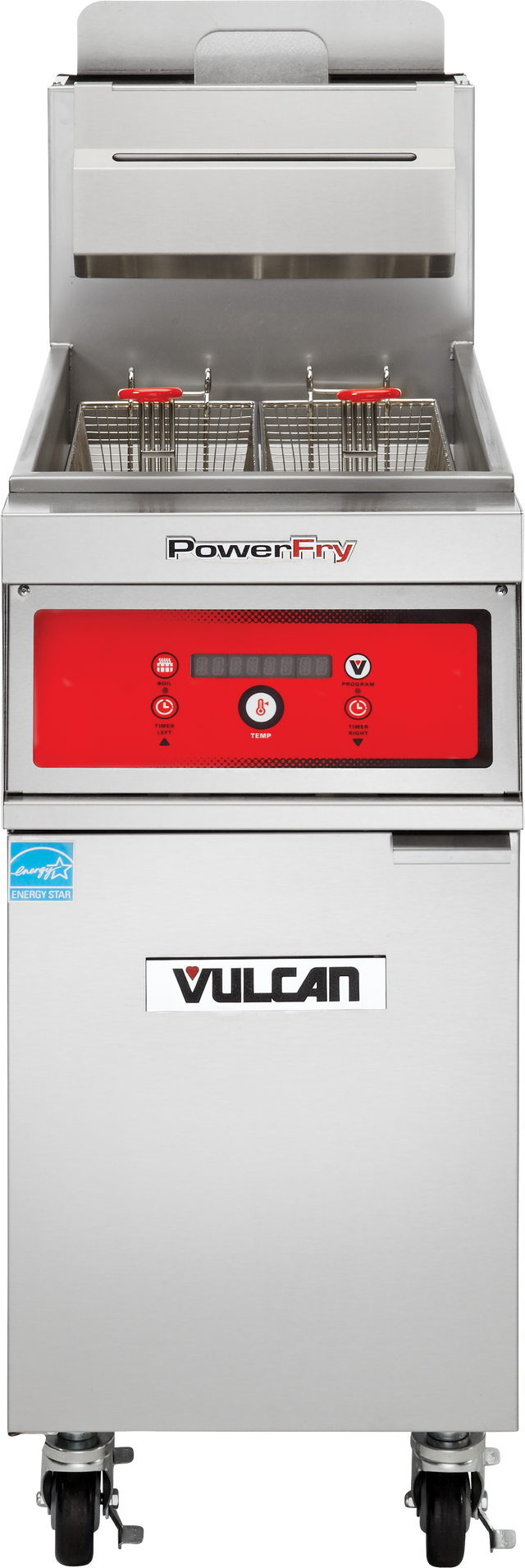 A stainless steel PowerFry5 Fryer commercial deep fryer with a red control panel, two metal baskets, and a lid. This high efficiency gas fryer stands on wheels, features the “VULCAN” logo, and offers a 45-50 lbs. capacity with digital controls.