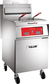 A commercial gas fryer on wheels with a red PowerFry-Vulcan control panel. This high efficiency fryer includes digital buttons, knobs, and programmable fryer settings. Two baskets with red handles rest inside above a lower storage or oil collection cabinet.