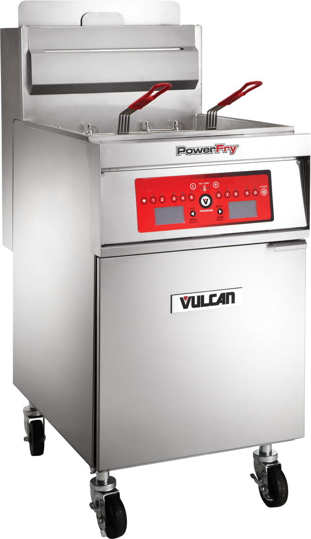 A commercial gas fryer on wheels with a red PowerFry-Vulcan control panel. This high efficiency fryer includes digital buttons, knobs, and programmable fryer settings. Two baskets with red handles rest inside above a lower storage or oil collection cabinet.