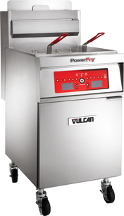 A high efficiency gas fryer, this commercial Vulcan deep fryer features a stainless steel body, programmable control panel with digital display, two fry baskets with red handles, and four wheels for mobility. PowerFry branding sits above the controls.