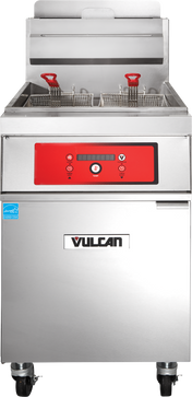 A commercial stainless steel PowerFry5 fryer with two metal baskets, red handles, a red control panel, a VULCAN logo on the front, and caster wheels. This high efficiency gas fryer has a 65-70 lbs capacity and is clean, ready for kitchen use.
