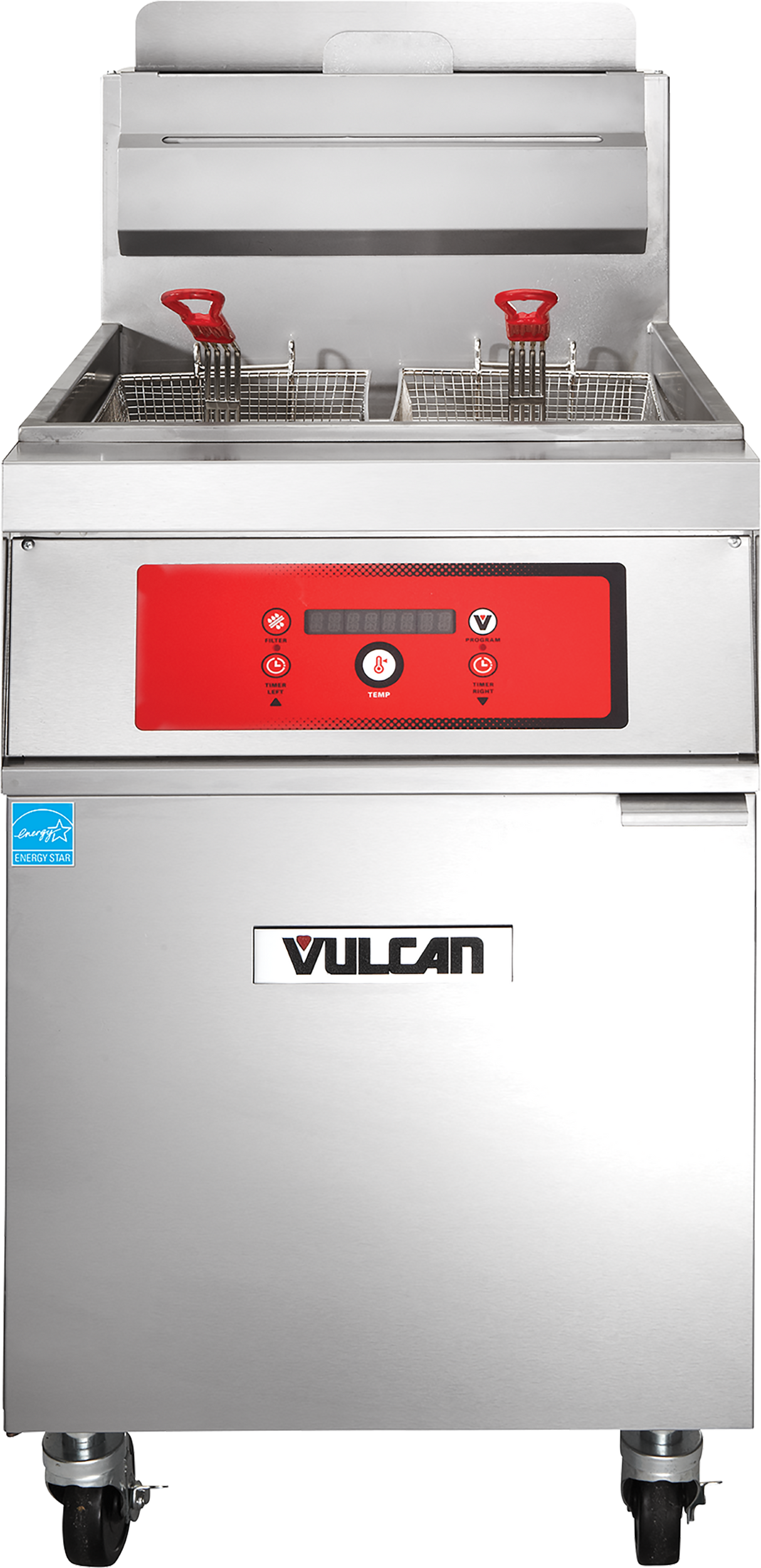 A commercial gas fryer with two baskets featuring red handles, a red control panel with buttons and lights, the Vulcan logo on the front, wheels for mobility, and a blue certification label. This high efficiency fryer uses PowerFry5 technology.