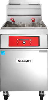 A commercial gas fryer with two baskets featuring red handles, a red control panel with buttons and lights, the Vulcan logo on the front, wheels for mobility, and a blue certification label. This high efficiency fryer uses PowerFry5 technology.