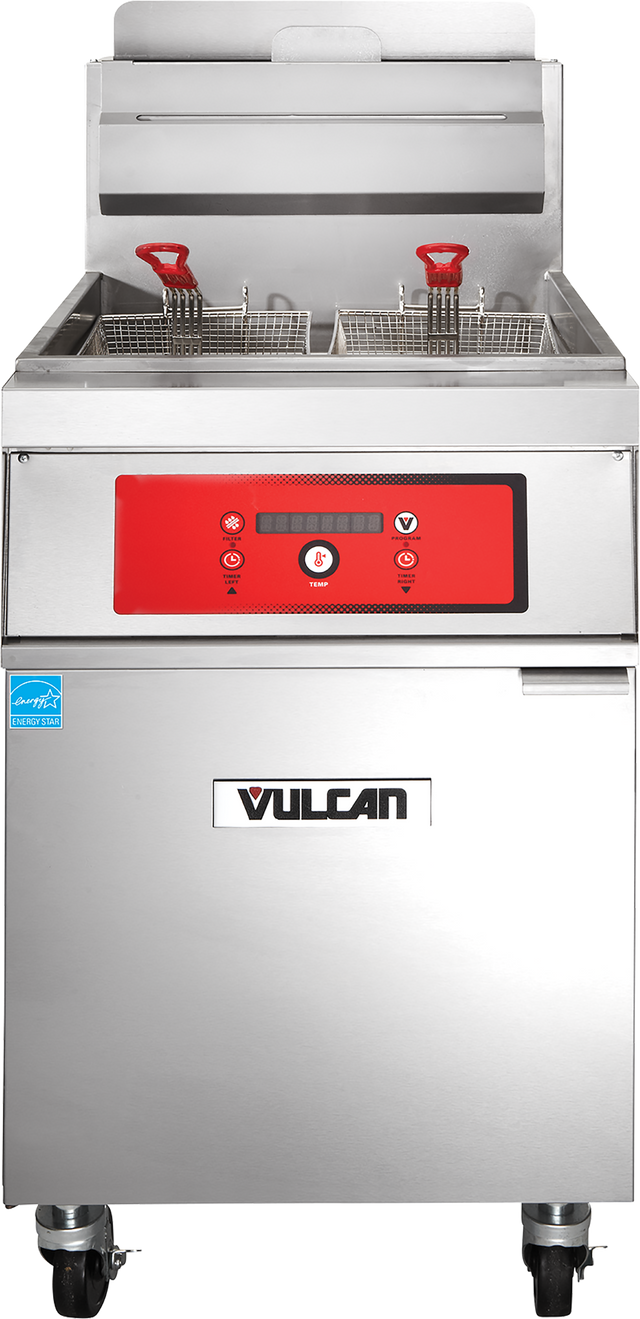 A commercial gas fryer with two baskets featuring red handles, a red control panel with buttons and lights, the Vulcan logo on the front, wheels for mobility, and a blue certification label. This high efficiency fryer uses PowerFry5 technology.