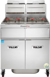 A Vulcan commercial gas fryer with high efficiency features two wire baskets on each side. Its front has cabinet doors with Vulcan logos and a certification sticker on the bottom right corner, making it a reliable PowerFry5 fryer for busy kitchens.