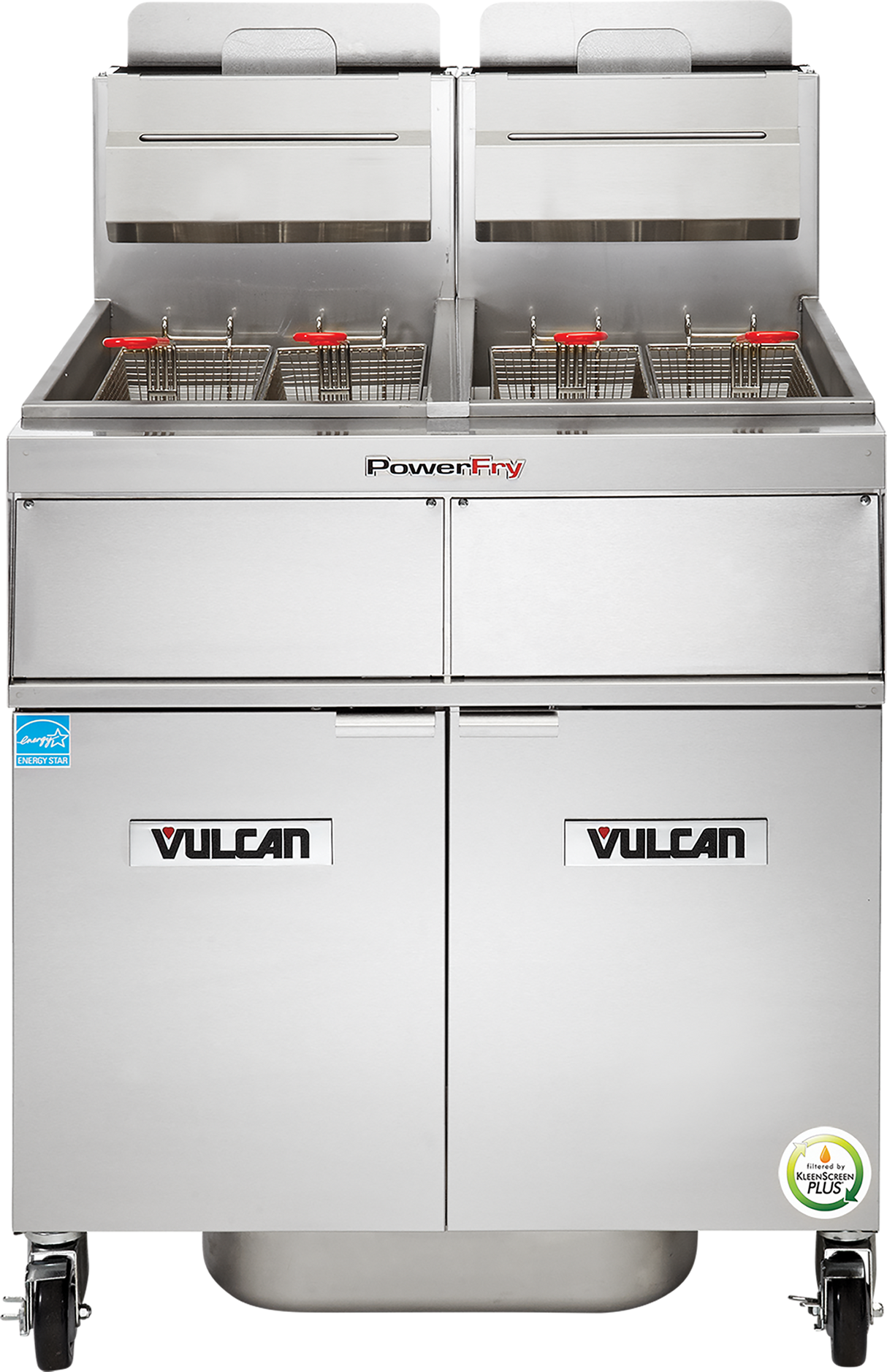 A commercial deep fryer, this Vulcan PowerFry5 fryer features two fry tanks with dual baskets, temperature controls above, and roomy storage below. Its energy efficiency sticker highlights its performance as a high efficiency gas fryer.