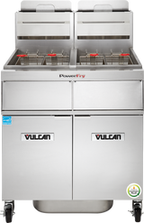 A commercial deep fryer, this Vulcan PowerFry5 fryer features two fry tanks with dual baskets, temperature controls above, and roomy storage below. Its energy efficiency sticker highlights its performance as a high efficiency gas fryer.