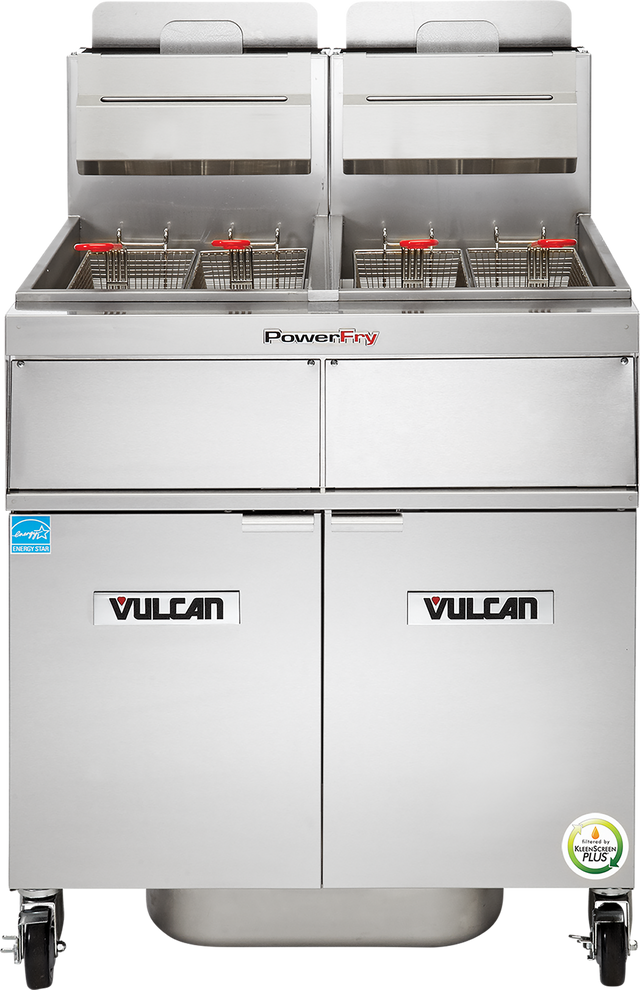A commercial deep fryer, this Vulcan PowerFry5 fryer features two fry tanks with dual baskets, temperature controls above, and roomy storage below. Its energy efficiency sticker highlights its performance as a high efficiency gas fryer.