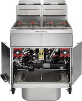 A PowerFry5 fryer with two open compartments and metal fry baskets. Below, cabinet doors reveal internal mechanical components, wiring, and a large grease collection pan. This high efficiency gas fryer is labeled PowerFry on the front panel.