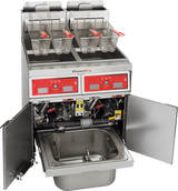 A high efficiency gas fryer with two frying compartments, each holding three metal baskets with red handles. The programmable fryer features control panels with red displays and buttons. Lower front doors open to reveal internal parts and an oil reservoir tray.