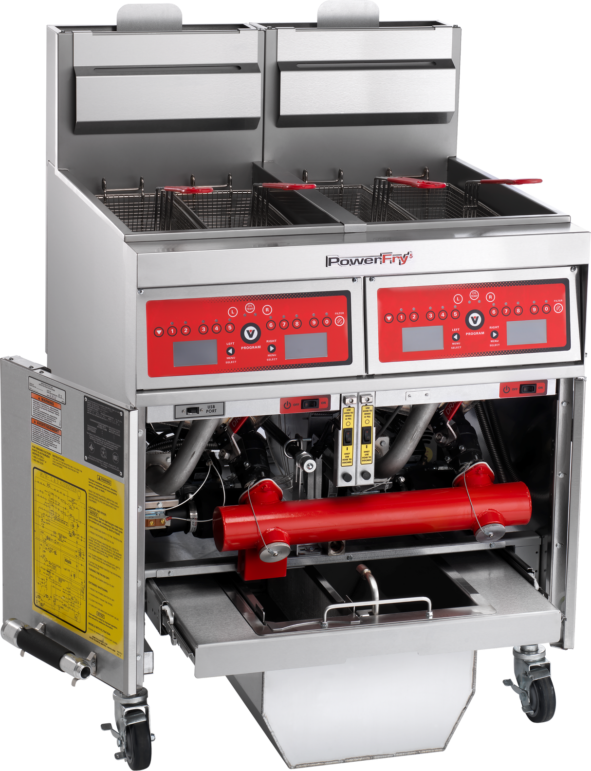 A Vulcan PowerFry5 high efficiency fryer with two large baskets, digital control panels, and a stainless steel exterior. The open bottom compartment reveals red pipes and internal machinery, with clear instruction labels and warnings on the sides.