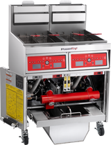 A Vulcan PowerFry5 high efficiency fryer with two large baskets, digital control panels, and a stainless steel exterior. The open bottom compartment reveals red pipes and internal machinery, with clear instruction labels and warnings on the sides.