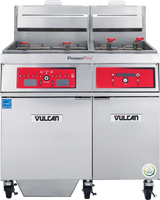 A commercial gas fryer with two large baskets, red control panels, digital displays, Vulcan branding, two cabinet doors below, and caster wheels for mobility. This clean, modern high efficiency fryer is designed for high-capacity cooking.