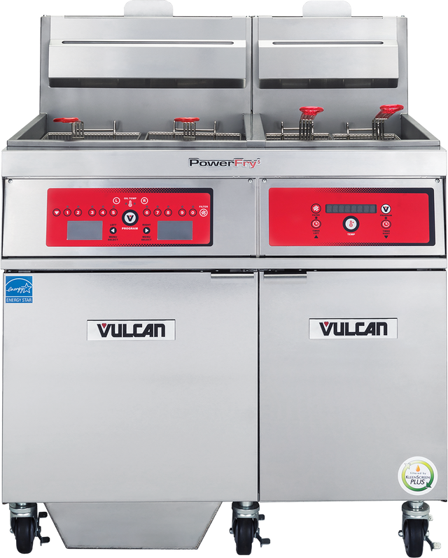 A commercial gas fryer with two large baskets, red control panels, digital displays, Vulcan branding, two cabinet doors below, and caster wheels for mobility. This clean, modern high efficiency fryer is designed for high-capacity cooking.