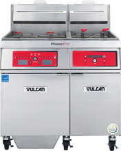 Commercial gas fryer with two chambers, each holding baskets, red control panels with buttons and displays, stainless steel body, Vulcan branding, lower compartments, vented lids, and four caster wheels for mobility—a high efficiency fryer for busy kitchens.