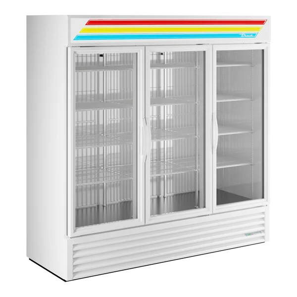 A large, white Refrigerated Merchandiser with three clear glass doors and vertical handles. This ENERGY STAR glass door cooler features empty wire shelves inside and a vintage-style stripe design in red, orange, yellow, green, and blue across the top panel.