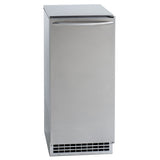 A stainless steel commercial undercounter ice maker with a sleek, rectangular design, front handle near the top, and a ventilation grill at the bottom. The smooth, unadorned front door gives this nugget ice machine a modern, minimalist look.