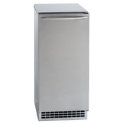 A stainless steel commercial undercounter ice maker with a sleek, rectangular design, front handle near the top, and a ventilation grill at the bottom. The smooth, unadorned front door gives this nugget ice machine a modern, minimalist look.