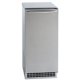 A stainless steel under-counter ice maker with a rectangular shape, front ventilation grill at the bottom, and a curved handle on the door. The design is modern and minimal, making this commercial ice machine suitable for kitchens or bars.