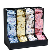 A black packeted condiment organizer filled with assorted sweetener packets—Equal, Splenda, sugar, and SweetN Low—neatly sorted by color and type. The stylish organizer is displayed on a white background for easy selection.