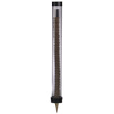 A transparent cylindrical tube with black caps at both ends contains a vertical stack of brown hexagonal pencils, gravity fed through the tube. The bottom cap forms a conical point like a pencil tip. The tube stands upright against a white background.