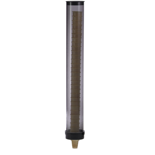 A tall, transparent gravity fed cylindrical container with a black cap and base. Inside, a vertical brown spiral runs the length of the GFCD-2 cylinder, narrowing at the bottom into a cone-shaped tip—perfect as an ice cream cone dispenser.