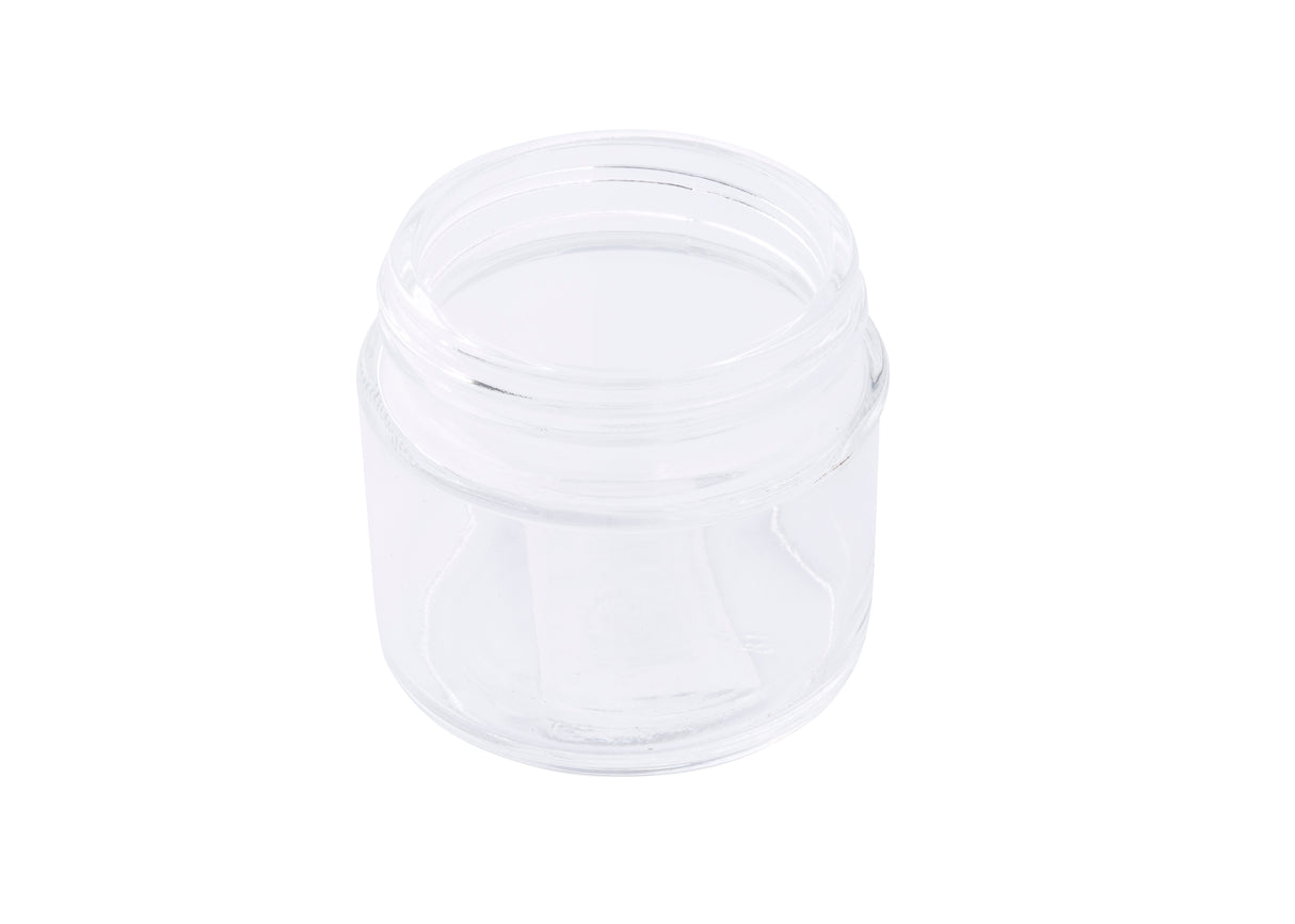 A clear, empty glass jar with a wide opening and thick base, perfect as a tasting jar. Shown against a plain white background, it appears clean, transparent, and dishwasher safe for easy cleaning.