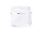 A small, empty, clear 3 oz. tasting jar with a wide mouth and no lid is shown against a plain white background. The cylindrical glass reflects light, making its transparent surface appear shiny and clean.