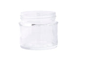 A small, empty, clear 3 oz. tasting jar with a wide mouth and no lid is shown against a plain white background. The cylindrical glass reflects light, making its transparent surface appear shiny and clean.