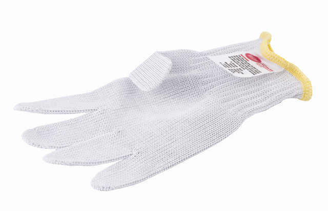 A single gray TableCraft Products cut-resistant glove with a yellow trim at the wrist lies flat on a white background. A white label with red and black text is attached to the cuff, indicating safety and product information.