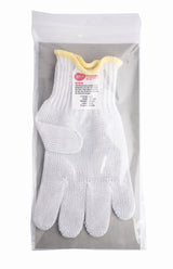 A white TableCraft stainless steel glove with a yellow-trimmed wrist is packaged flat inside a clear resealable plastic bag. A white label with red and black text is visible on the front of this cut resistant glove.