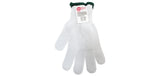 A white mesh cut resistant glove with five fingers is shown flat against a white background. The TableCraft glove features a green wristband and a white label with red text and safety information attached near the wrist.