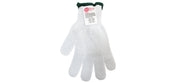 A white mesh cut resistant glove with five fingers is shown flat against a white background. The TableCraft glove features a green wristband and a white label with red text and safety information attached near the wrist.