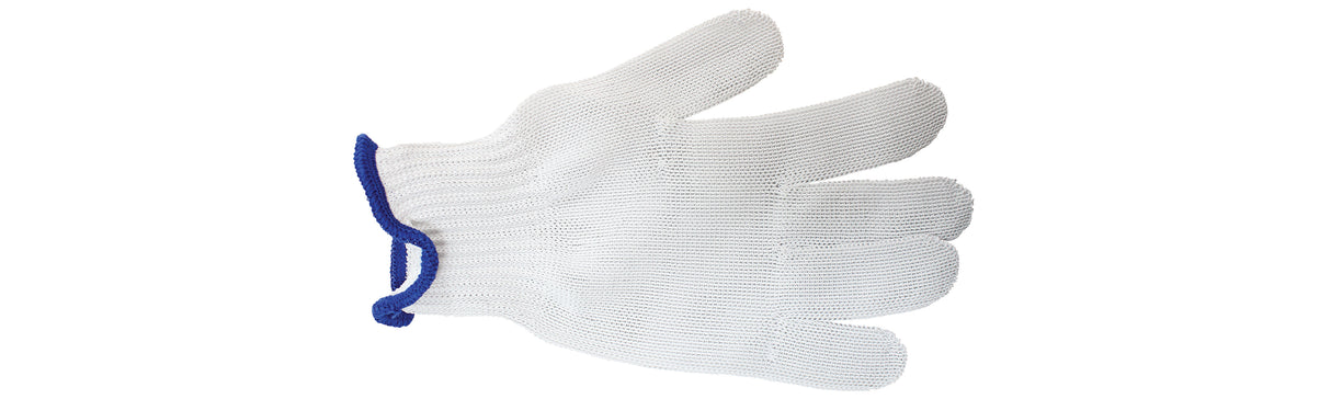 A white cut resistant glove by TableCraft, made of fine mesh with a blue elasticized cuff. The glove is shown palm down, fully extended against a plain white background, highlighting the tight-knit texture and protective material.