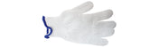 A white cut resistant glove by TableCraft, made of fine mesh with a blue elasticized cuff. The glove is shown palm down, fully extended against a plain white background, highlighting the tight-knit texture and protective material.