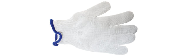 A white cut resistant glove by TableCraft, made of fine mesh with a blue elasticized cuff. The glove is shown palm down, fully extended against a plain white background, highlighting the tight-knit texture and protective material.