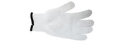 A white, x-large glove with a ribbed knit texture and black elastic cuff, shown palm up against a plain white background. All five fingers are clearly visible and the glove appears unused and clean.