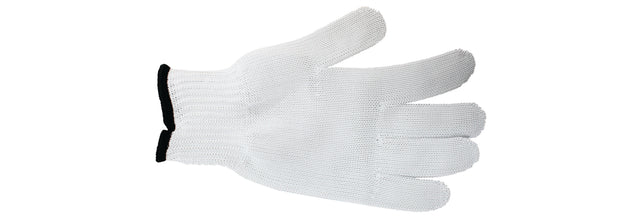 A white, x-large glove with a ribbed knit texture and black elastic cuff, shown palm up against a plain white background. All five fingers are clearly visible and the glove appears unused and clean.